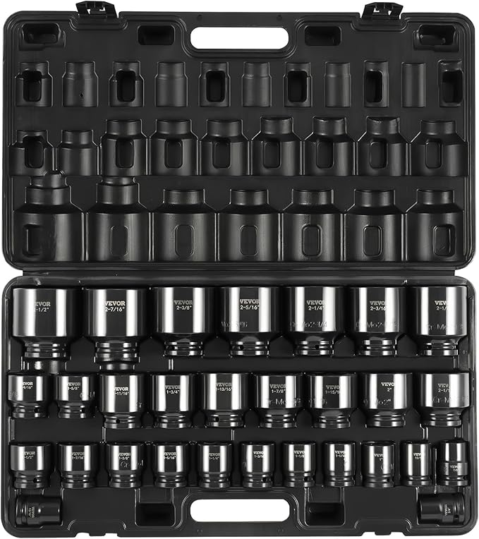 VEVOR 3/4" Drive Impact Socket Set, 29 Piece, CR-MO | SAE 3/4" to 2-1/2", 6 Point Sockets, Easy-to-Read Size Markings, Rugged Construction, with Storage Case