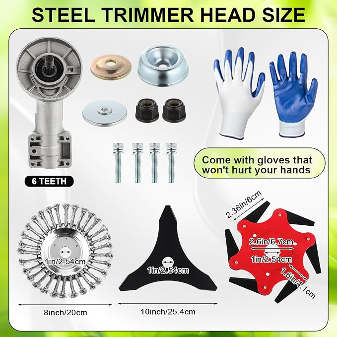 Duraaamo 7 Pcs Brush Cutter Kit Include 9" x 36T Carbide Tipped Blades, 9" x 20T, 10" x 3T and 10" x 80T Blades with Adapter Kit, 8 Inch Steel Wire Rotary Head and Trimmer Head Replacement