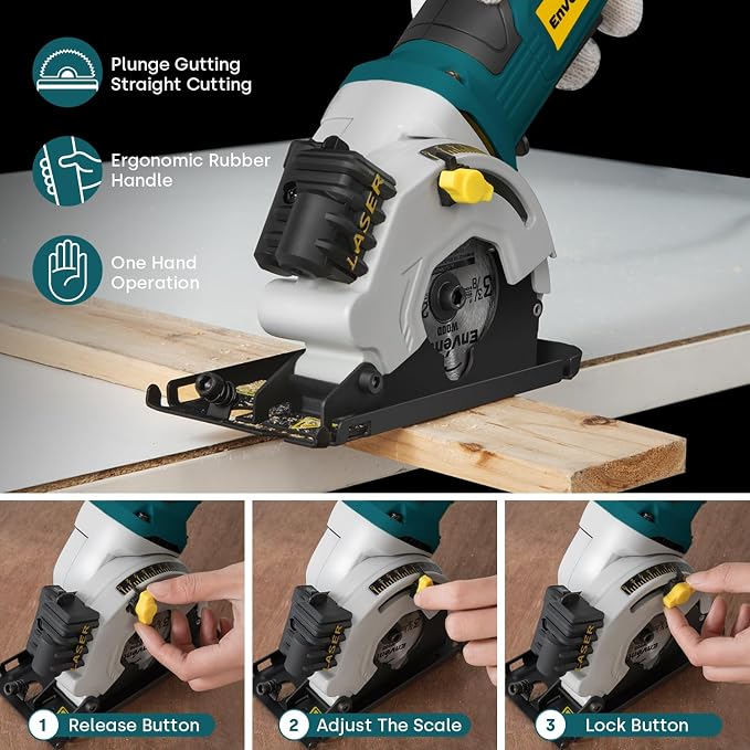 Enventor 4.8A Mini Circular Saw Corded with Laser Guide, 3 Saw Blades | 3-3/8" Power Electric Circular Saw Compact for Wood, Soft Metal, Tile, Plastic, Max Cutting Depth 1-1/16"