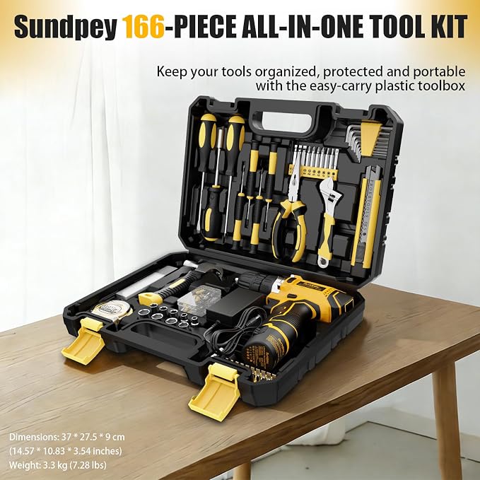 Sundpey 166-PC Small Basic Home Tool Kit Set with 12V Cordless Drill & Case