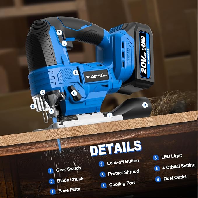 20V Brushless Cordless Jig Saw with 4.0Ah Battery 3200SPM, 1"Stroke | Heavy-Duty Variable Speed Jigsaw Tool with 6 Blades, 4 Orbital Settings, 45° Bevel, Low Vibration for Wood & Metal Cutting