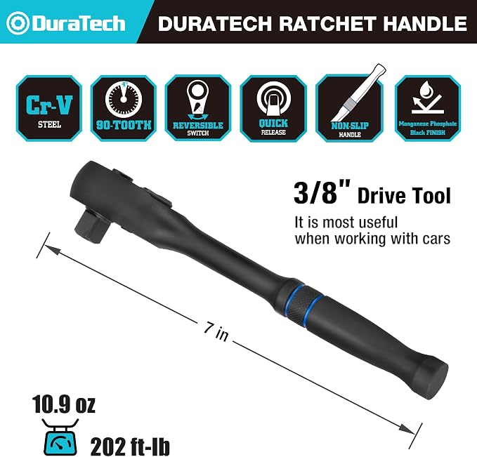 DURATECH 3/8-Inch Drive Ratchet, 90-Tooth Quick-Release Ratchet Wrench | Reversible, Cr-V Made, 4° Swing, Manganese Phosphate Black Finish, Socket Wrench for Men Women Stocking Stuffer for Men Women
