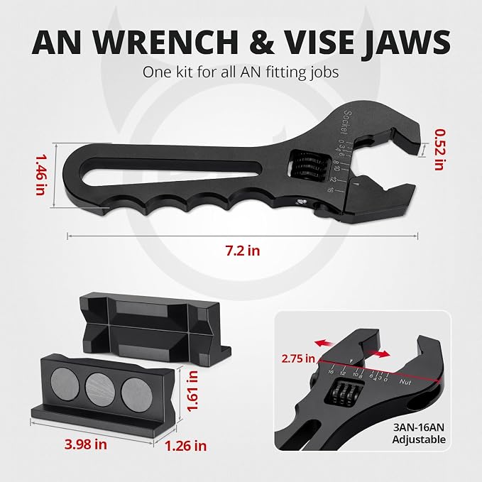 EVIL ENERGY AN Fittings Wrench 3AN-16AN with 4" Magnetic Vise Jaw Pad | Adjustable Aluminum Hose Fitting Wrench, Multi-Groove Clamping Protector, Non-Marring Design for Auto Repair