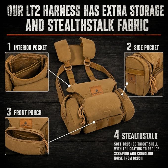 Extra Storage Bino Harness - Binocular Chest Pack, Hunting Rig | Waterproof 500D Cordura, StealthStalk quiet fabric, rangefinder pouch, silent magnetic closure