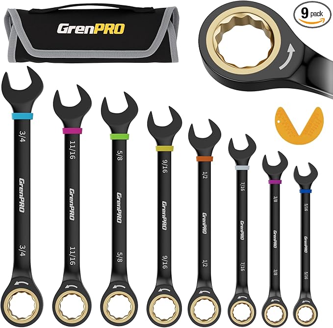 GRENPRO 9PC SAE Ratcheting Wrench Set 5/16"-3/4" Long Combination Open End | Includes Bolt Gauge, Electro-Coated CR-V Steel, 72-Tooth 5Deg Swing 12Pt Color Rings, Roll Pouch For Auto & Home Repair