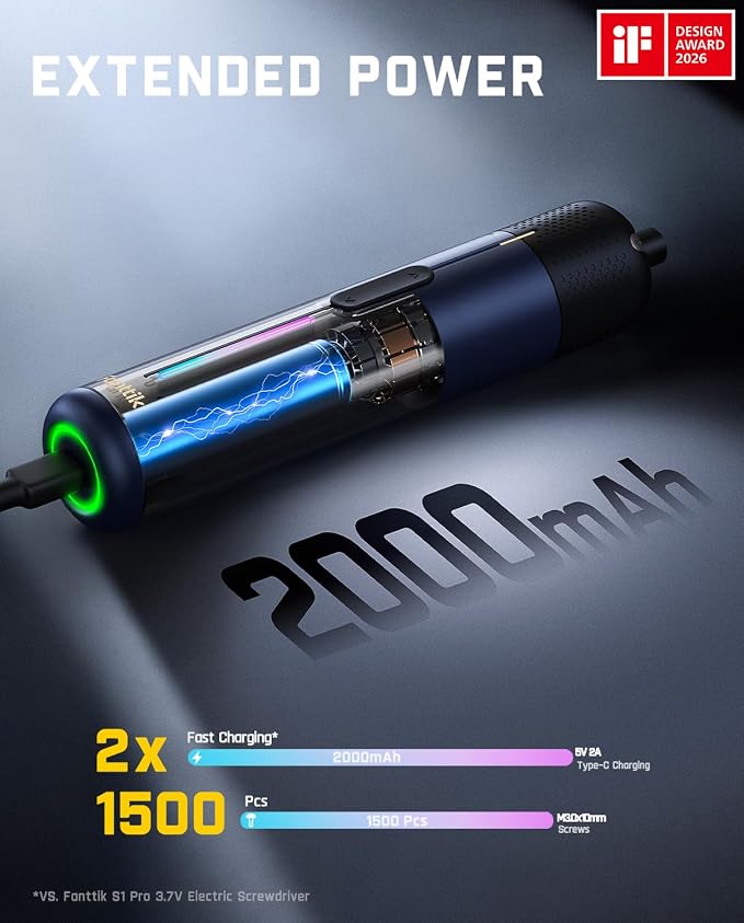 Fanttik S2 Pro Electric Screwdriver, Cordless Screwdriver Set, 7 Torque Settings, 0.5 to 6N.m, 20 Magnetic Bits, 1/4''Hex Shank, with 90° Angle Adapter, for Furniture, Household Repairs(Navy Blue)