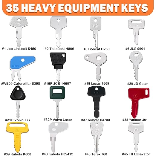 35 Heavy Equipment Key Master Set Full Coverage Keys for CAT JCB Bobcat JLG Terex Komatsu John Deere Yammar Takeuchi Ford New Holland Case Daewoo Kubota Hyster Ferguson Hyundai Construction Machine