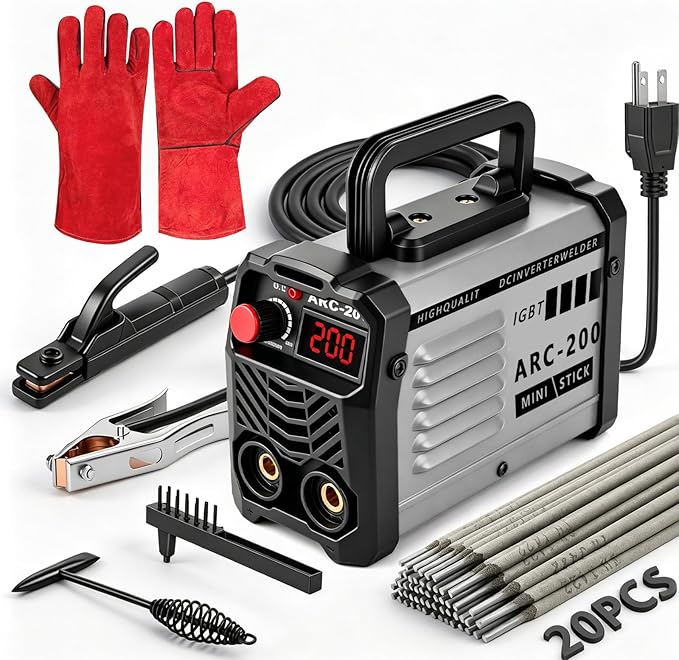 Hpoouo 200Amp 20PCS Rods Stick Welder, Super MINI Portable Welding Machine, IGBT Inverter Welder Machine 110V with Hot Start Arc Force Anti-Stick, for 1/16"-1/8" Rod ARC Welder, Chip Hammers (Gray)