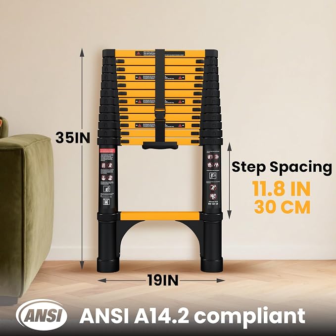 SINMEIRUN Telescoping Ladder, 12.5 FT, Aluminum Extension Ladder, 330 lbs Capacity, Collapsible Multi-Purpose Ladder for Home, Roof and RV; Yellow