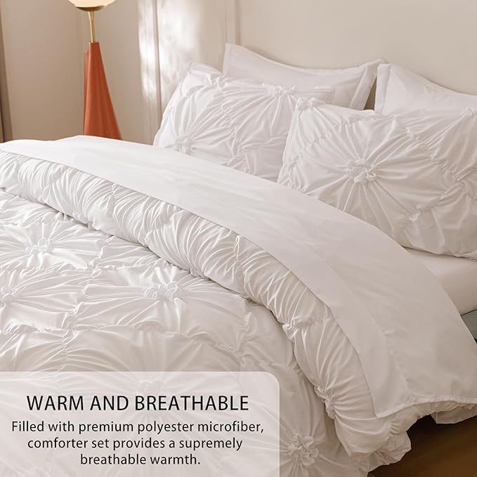Nttopship White King Comforter Set - 7 Pieces Bed in a Bag, Premium Comforters King Size Bed Set Pintuck Pinch Pleat Complete Comforter Set with Flat Sheet, Fitted Sheet and Pillowcases,White