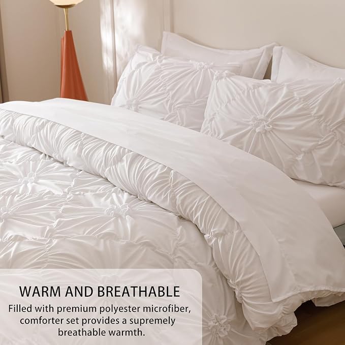 Nttopship White Queen Comforter Set - 7 Pieces Bed in a Bag, Premium Comforters Queen Size Bed Set Pintuck Pinch Pleat Complete Comforter Set with Flat Sheet, Fitted Sheet and Pillowcases,White