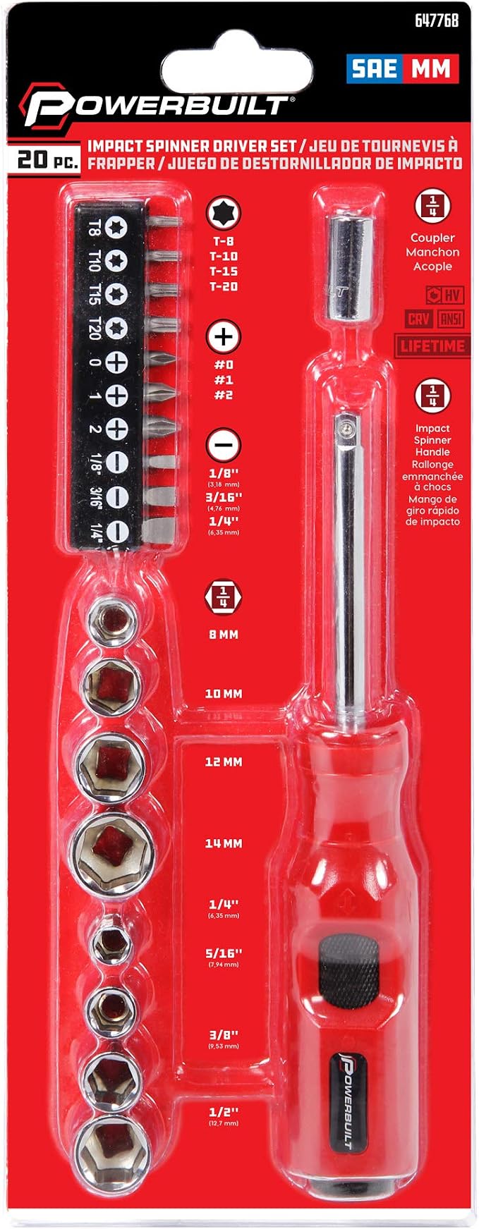Powerbuilt 1/4" Dr. 20 Pc. Impact Bit Screwdriver and Nut Driver Set, Includes SAE, Metric Sockets, Phillips, Slotted, Star Bits, Adapter- 647768