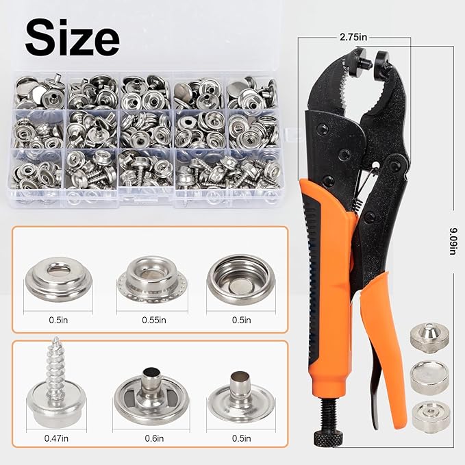 AnnYun Snap Button Kit, Heavy Duty Snap Fasteners Tools, Screw Snaps on Tools Included 1pc Snap Plier and 280 Pcs 15mm Stainless Snaps, Buttons Snap Fastener Tool for Boat Cover, Tarp, Canvas, Leather