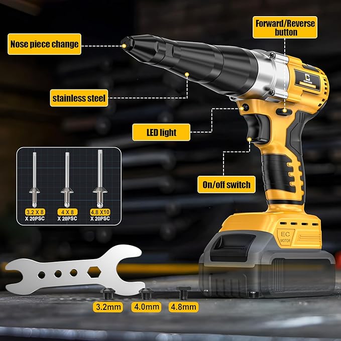 Cerycose Cordless Rivet Gun Compatible with DeWalt 20V Battery,Brushless Electric Rivet Nut Tool with 3 Sizes Steel Rivets(1/8",5/32",3/16") & Nose Pieces, Professional Riveters Gun 20V(Tool Only)