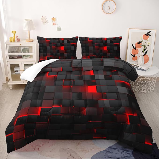 Nttopship Geometric Red Black Comforter Set,Light Honeycomb 3 Piece Bedding Set Queen for Teen Boys,Modern Bedding Quilt Set Geometry Decor,Microfiber Lightweight 1 Comforter 2 Pillowcases All Season