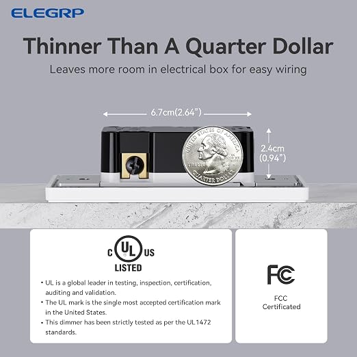 ELEGRP Dimmer Light Switch for 300W Dimmable LED/CFL Lights and 600W INC/HAL Bulbs, Single Pole/3-Way LED Slide Dimmer Light Switch, Wall Plate Included, UL Listed, 5 Pack, White