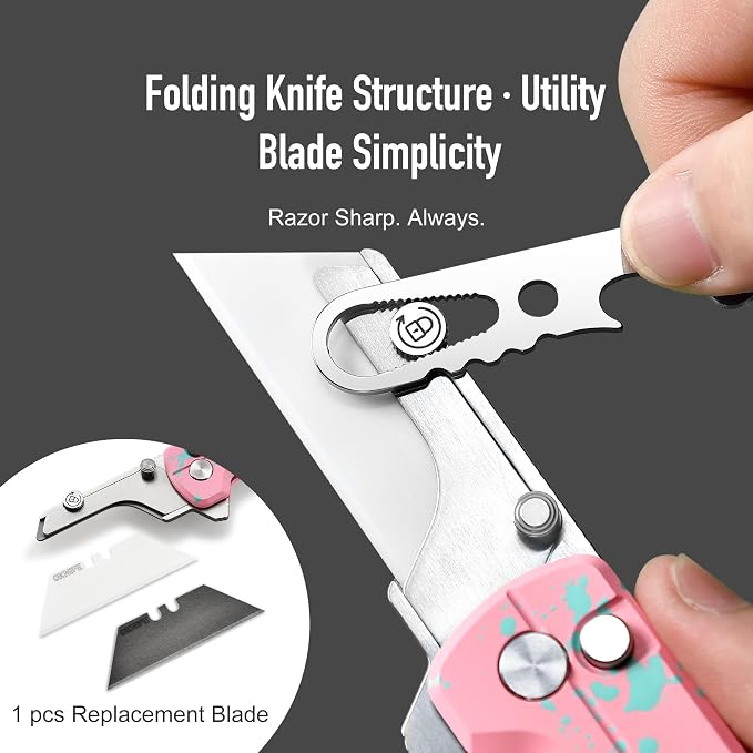 OKNIFE U1 Ultra Pocket Folding Utility Knife with Ceramic Blade, Lightweight O-Aluminum Handle Button Lock EDC Box Cutter with Clip for Men Women (Pink)