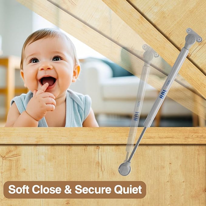 2 Pack Soft Close Toy Box Hinges for Heavy Curved, Round, Arched and Flat Lids - HBL' 150N Gas Strut Spring Safety Hinges to Slow Down and Slow Close, Also Works for Flat Lids.