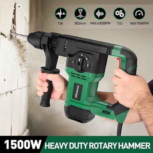1-1/4 Inch Rotary Hammer Drill with SDS-PLUS Bits: 13Amp 7.0J Rotomartillo, SDS Hammer Drill for Concrete Demolition Chipping, 4 Functions, 6 Speed, 3 Drill Bits & 2 Chisels