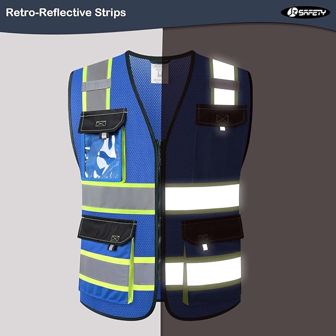 JKSafety Hi Vis Reflective Safety Vests for Men Women High Visibility Vest with Pockets Mesh Fabric Construction Safety Apparel Neon Vest for Work (220-Blue 3XL)