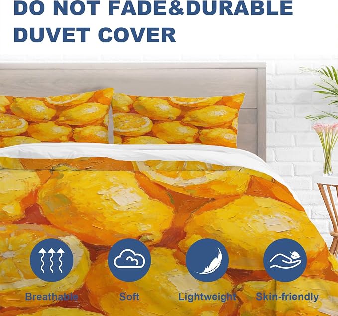 Batmerry Lemons Citrus Fruit Full Size 100% Cotton Duvet Cover Sets, Vibrant Lemon Oil Painting Bedding Set with Zipper Closure Corner Ties, 3 Pieces (1 Cover + 2 Pillowcases No Comforter)