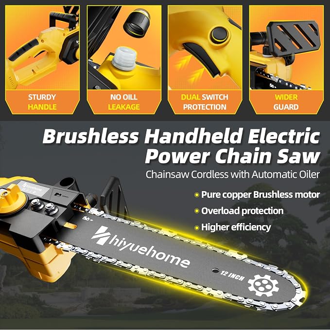 12 Inch Electric Chainsaw Cordless Brushless Battery Tree Saw Yellow | Cordless, Automatic Oiler, Brushless Motor, Security Lock, For Wood/Trees Trimming