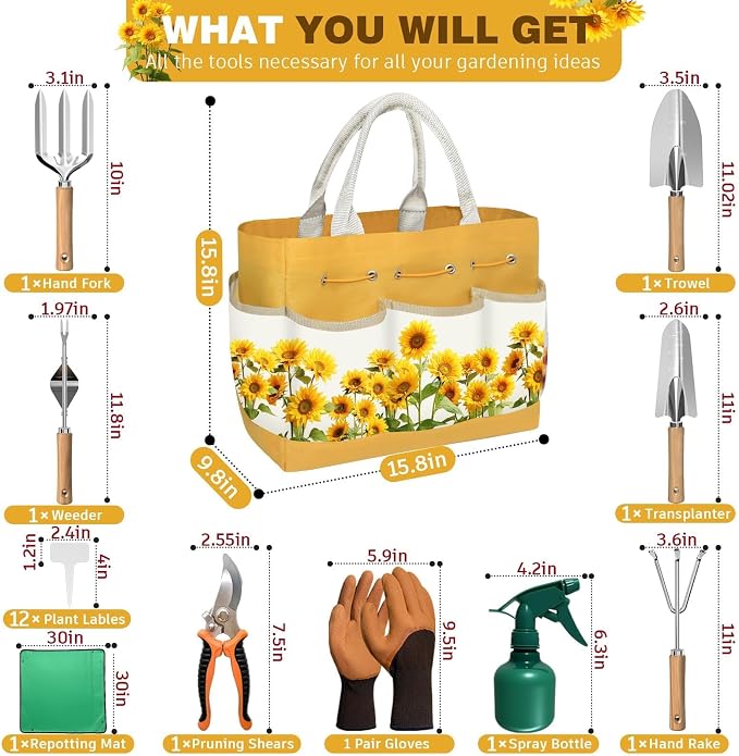 22Pcs Gardening Tools Set for Women Heavy Duty Garden Hand Tool Kit,Gifts for Mothers Day Mom Beginner Gardening Accessories with Sunflower Tote Bag/Shovel/RepottingMat/Plant Labels/Gloves-Yellow
