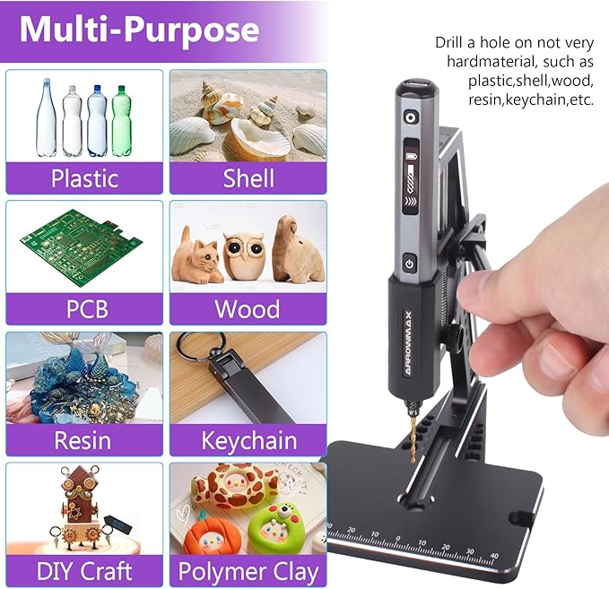 5-Speed Mini Electric Drill Pen with Benchtop Press, 10 Small Bits with Aluminium Box, LED Lights, OLED Display, Resin Drill Set For Jewelry Making, Plastic, Wood