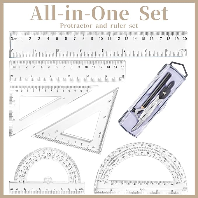 1 Set Plastic Geometry Math Set, Measuring Tool Includes Clear Ruler 12 Inch 6 Inch 6 and 3.8 Inches Protractor 45/60 Degree Triangle Rulers Compass for Office Drawing Drafting Engineering