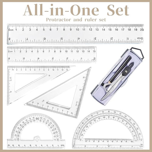 1 Set Plastic Geometry Math Set, Measuring Tool Includes Clear Ruler 12 Inch 6 Inch 6 and 3.8 Inches Protractor 45/60 Degree Triangle Rulers Compass for Office Drawing Drafting Engineering