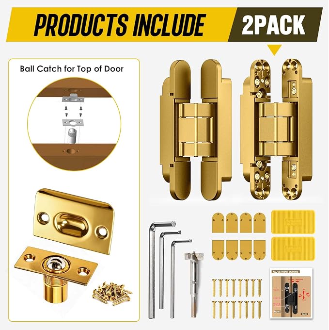 6inch Hidden Door Hinge,Concealed Hinges,Hidden Door Hardware kit,Invisible Door Silent 180 Degree Swing Hinge 3-Way Adjustable Butt 6 x 2.5 x 1inch (Gold, 6 inches)