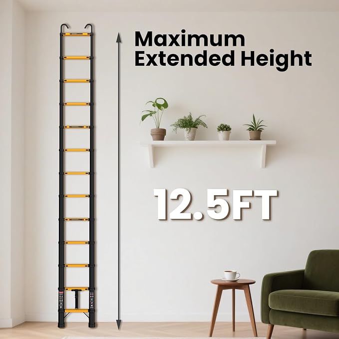 SINMEIRUN Telescoping Ladder, 12.5 FT, Hooks, Aluminum Extension Ladder, 330 lbs Capacity, Collapsible Multi-Purpose Ladder for Home, Roof and RV; Yellow