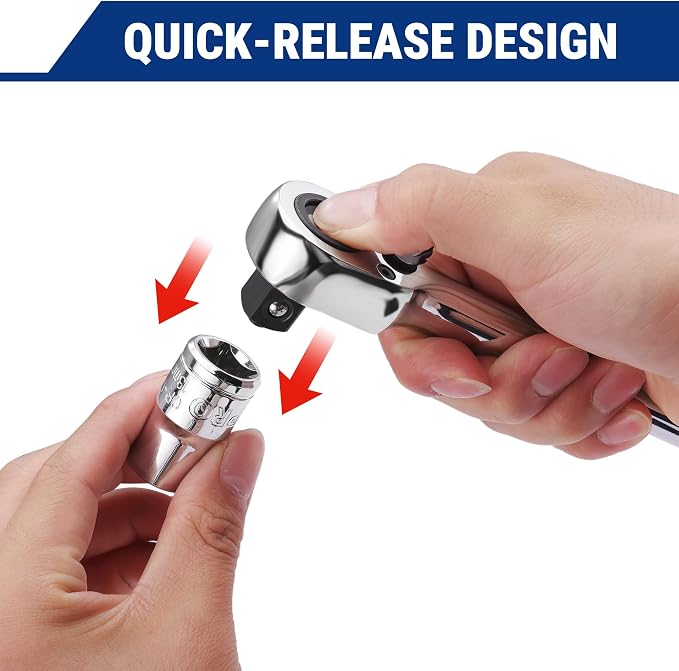 WORKPRO 3-Piece Low-Profile Ratchet, 90-Tooth Quick-Release Ratchet Wrench | 1/4", 3/8", 1/2" Socket Wrench for Men Women, Reversible, 4° Swing, CR-MO Compact Drive Head, Full Polished