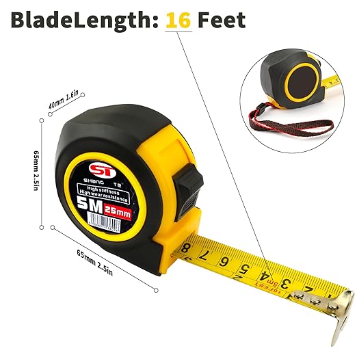 6 Pack Steel Measuring Tape, Tape Measure 16 ft, Measuring Tape Retractable, 16-Foot Basics Self-Locking Measurement Tape, Self Lock Auto Lock Tape Rule Imperial/Metric Tape Measure for Body