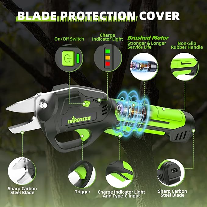 GARDTECH 7.2V Electric Pruning Shears, Ultra-light 1.5lbs Pruner for Garden | 4.0Ah Battery 1000 Cutting, 0.6in, Sharp Steel Blade Cordless Pruner Shears for Potted Plants, Flower and Fruits Trimming