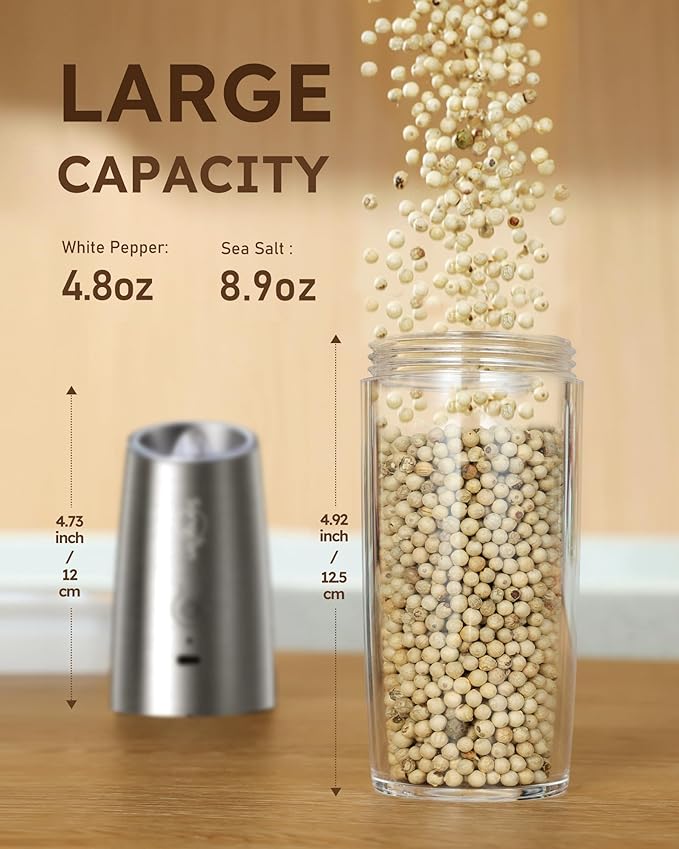 9oz XL Capacity Sangcon Gravity Electric Salt and Pepper Grinder Set Shaker Rechargeable - USB-C No Battery Needed One Hand Operation Adjustable Coarsenes Automatic Mill