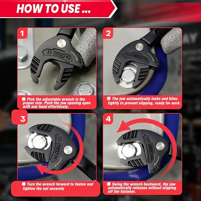 4-Piece Self Adjusting Wrench, Self-setting Spanner with Automatic Continuous Gripping for 1/4"-3/4" (7-19mm) Pipe Fittings Nuts and Bolts