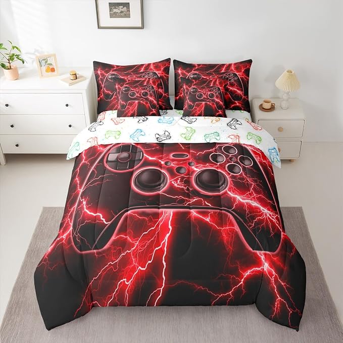 Erosebridal Gaming Bed in a Bag Queen Comforter Set 7 Piece, Gamer Bedding Sets Retro Game Console Comforter and Sheet Set, Red Lightning Room Decor,Kids Bedroom Decor