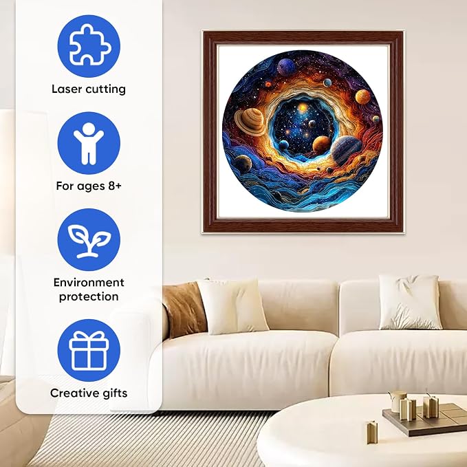 MEATRN Wooden Puzzles for Adults - Planet Theme Colorful Astronomy Jigsaw Puzzle, Relaxing Space Puzzle Gift, Family Night Activity and Brain Challenge, 200 Pieces, 11.2x11.3 in