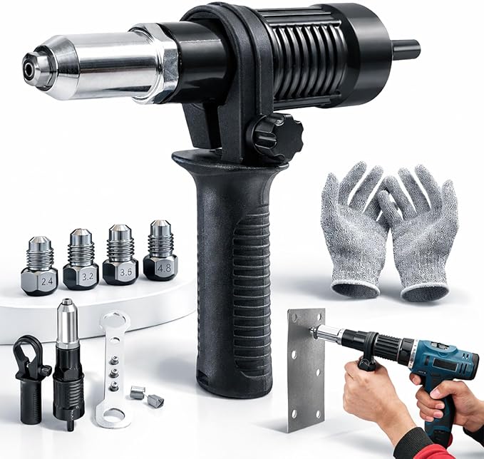 Professional Electric Rivet Gun Adapter Kit, Pro-Grade Electric Rivet Gun Adapter with Removable Handle 4 Rivet Heads for Cordless Screwdrivers and Drills Turn Your Drill into a Riveting Beast (1PC)