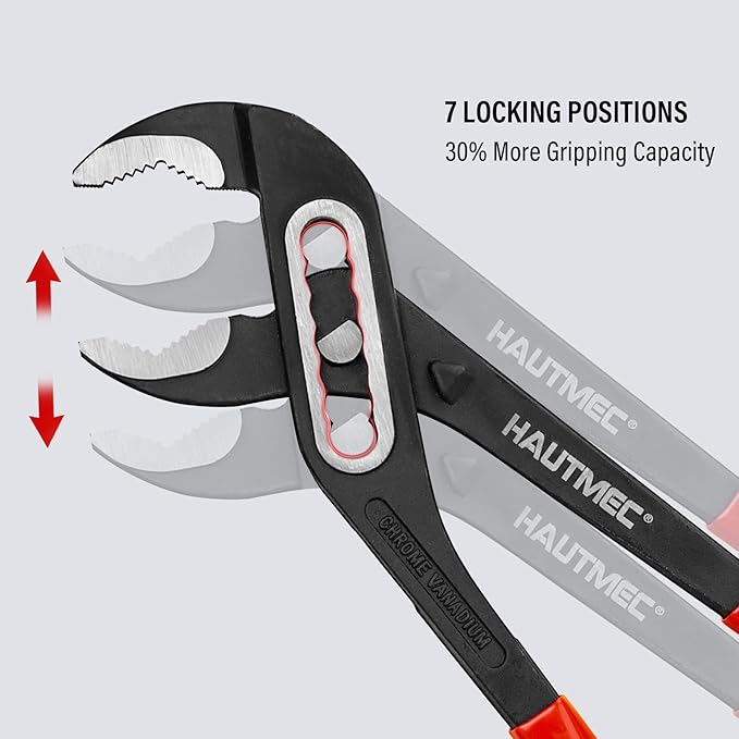 HAUTMEC 3PCS Water Pump Pliers Set, Fast Adjustable Tongue and Groove Joint Pliers Tool Set, Self-Locking Groove, CRV Steel V-Jaw & Comfort Grip, Wider Opening & 7 Positions, 7/10/12 Inch for Plumbing
