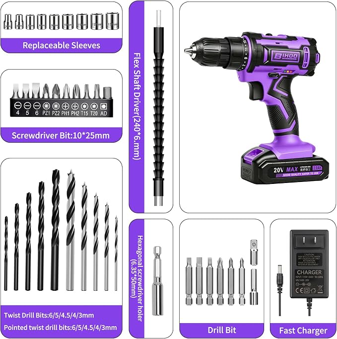 Purple 20V Cordless Drill Electric Drill set, Electric Screwdriver with 2 Batteries & Charger, 3/8" Keyless Chuck, 25+1 Torque 2-Speed Hammer Drill, Drill Bits Kit for Home DIY & Woodworking