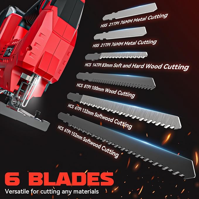 Ecarke Cordless Jig Saw Compatible With Milwaukee 18V Battery, 4 Orbital Sets, 6 Variable Speeds Control, Dust-Blowing, ±45° Bevel Cuts, LED Light & 6PCS Blades for Straight Curve Cutting, Tool Only