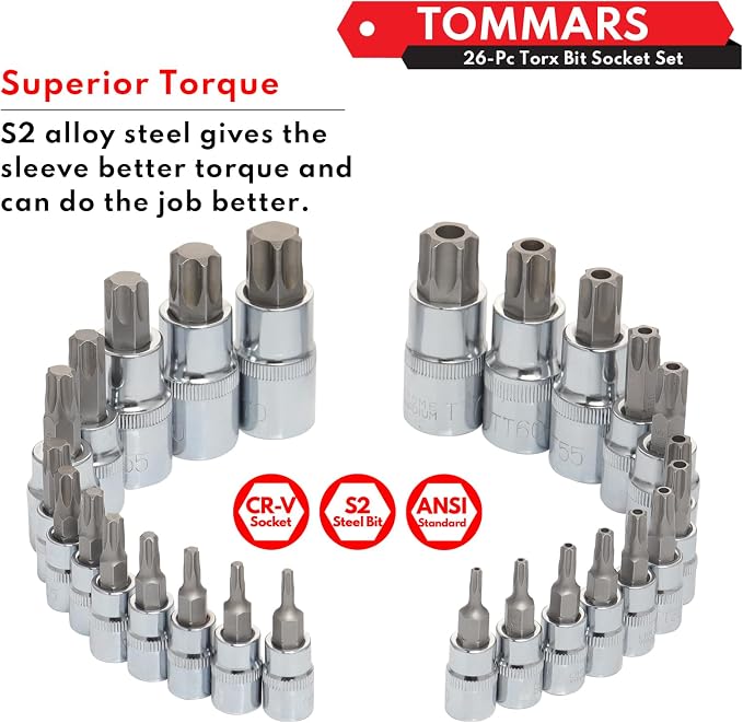 TOMMARS 26-PC Torx Socket Set, Torx Star Tamper Proof Security Bit | T10-T70 & TT10-TT70,1/4", 3/8", 1/2" Drive, S2 Steel Bits, CRV Sockets