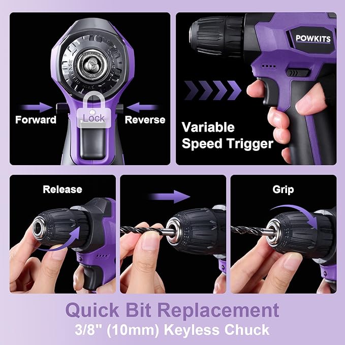 8V Cordless Drill Set, Built-in LED, Rechargeable Purple Power Drill with Drill & Screw Bits, 139-Piece Electric Drill Tool Set for Women & Men, Portable Tool Kit for Home Repairs, DIY Projects