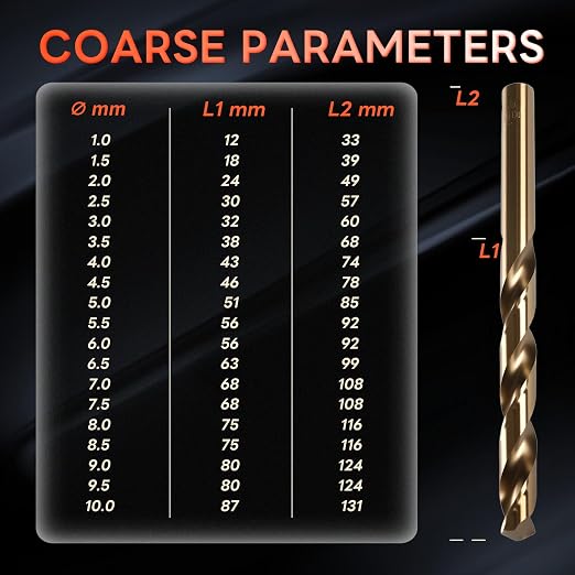 COMOWARE Metal Drill Bit Set, 19 Pieces, HSS-E M35 1-10 mm Drill Bit Set, Spiral Drill Bit Set, Professional for Metal, Steel, Iron, Self-Centring for Metalworking Drill Accessories