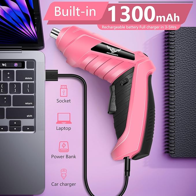 JENABOM 47 in 1 Electric Screwdriver Cordless Rechargeable Small Power Drill Set 3.6V Li-ion 3Nm Max Torque Electric Rotatable with LED Light Screwdriver, Pink