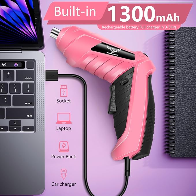 JENABOM 47 in 1 Electric Screwdriver Cordless Rechargeable Small Power Drill Set 3.6V Li-ion 3Nm Max Torque Electric Rotatable with LED Light Screwdriver, Pink