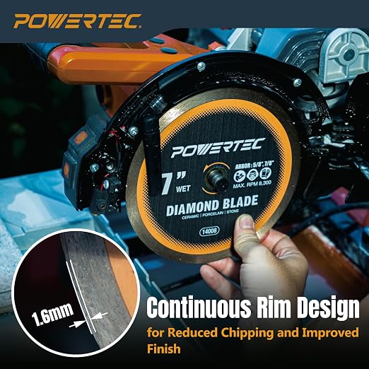 POWERTEC 7" Continuous Rim Diamond Saw Blade for Wet Tile Saw, Diamond Blade for Cutting Ceramic, Porcelain, Natural Stone Tile, Wet Cutting Only 7 inch Diamond Blades, 1 Pack (14008)