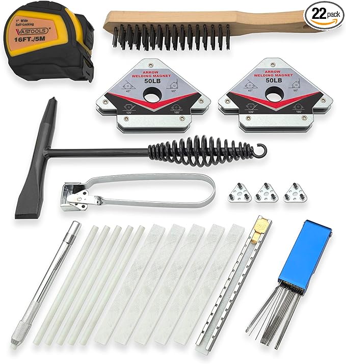 VASTOOLS Welding Accessories,22pc,Chipping Hammer, Welding Soapstone Holder,16'x 1"Tape measures,50LB Welding Magnet,Triple Flint Torch Striker,3"Torch Cleaner,Wire Brush 11"